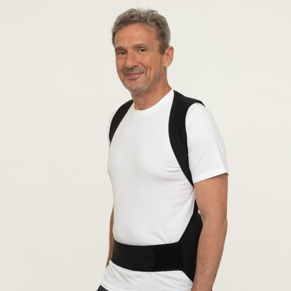 Gilet de posture homme FlashCut noir vue de trois-quarts, sangle abdominale velcro visible