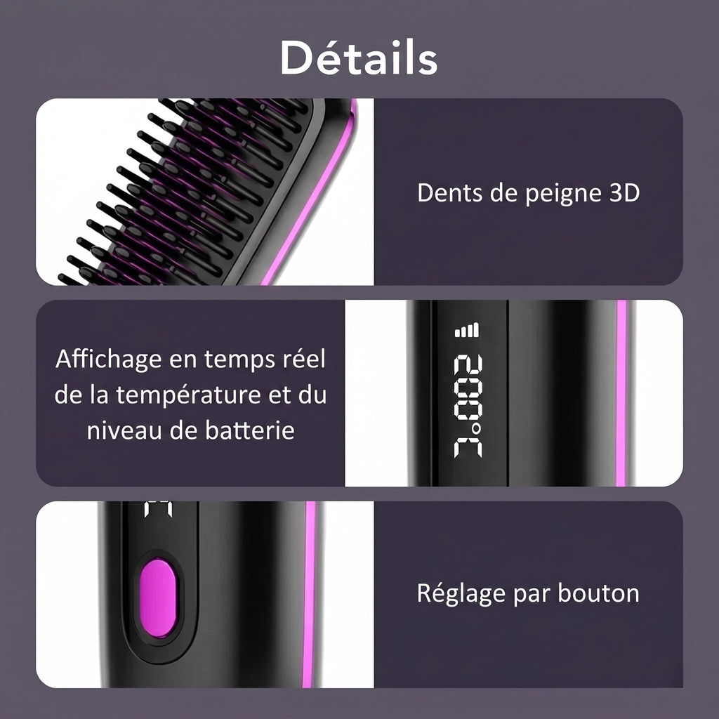 Détails de la brosse coiffante : picots 3D, écran LED et bouton de réglage