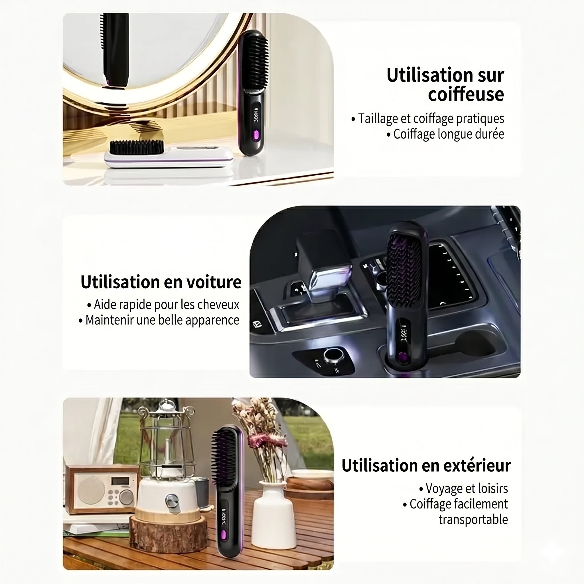 Brosse coiffante chauffante utilisée à la coiffeuse, en voiture et en extérieur
