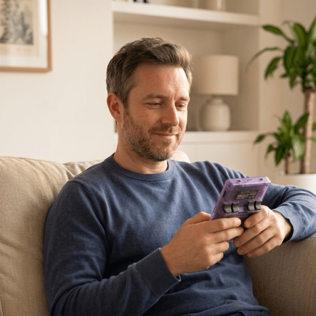 Joueur installé dans un canapé avec la console rétro portable entre les mains