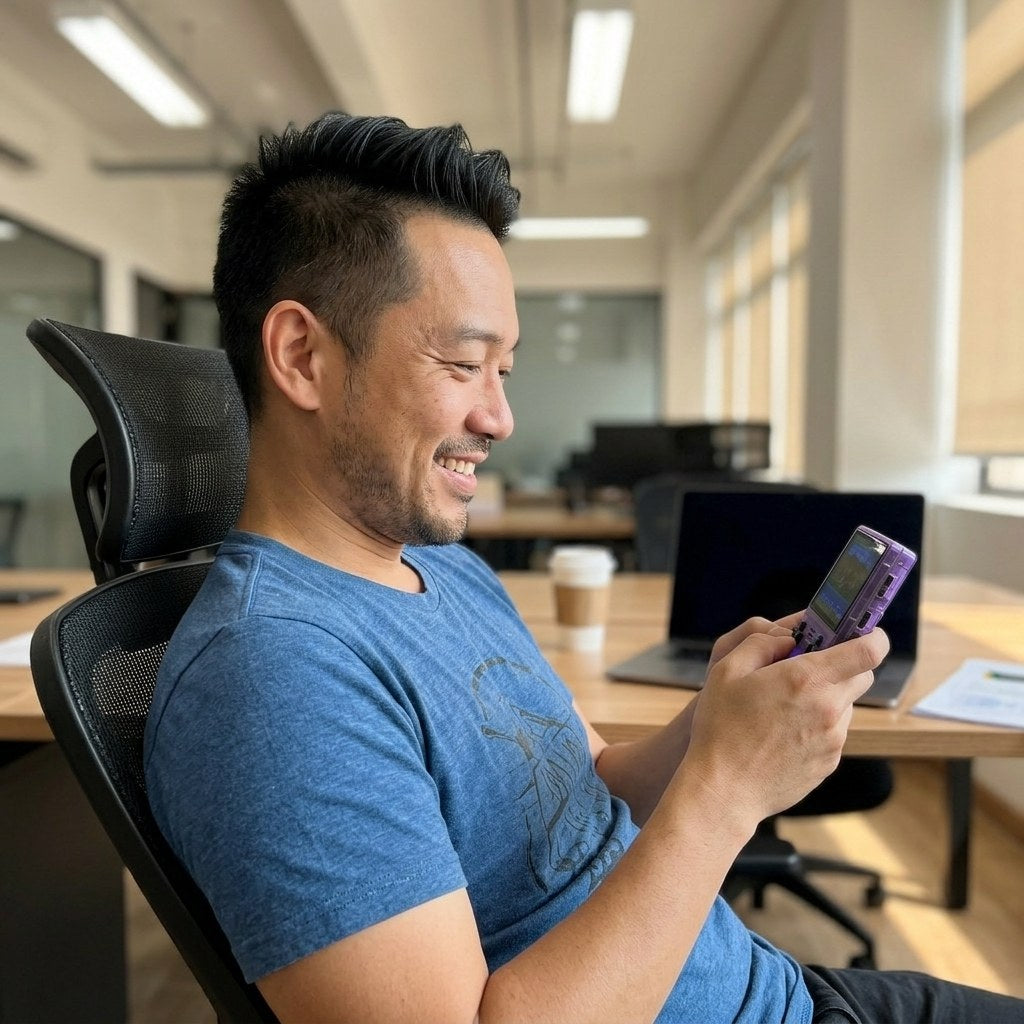 Pause jeu au bureau avec la console rétro portable violette
