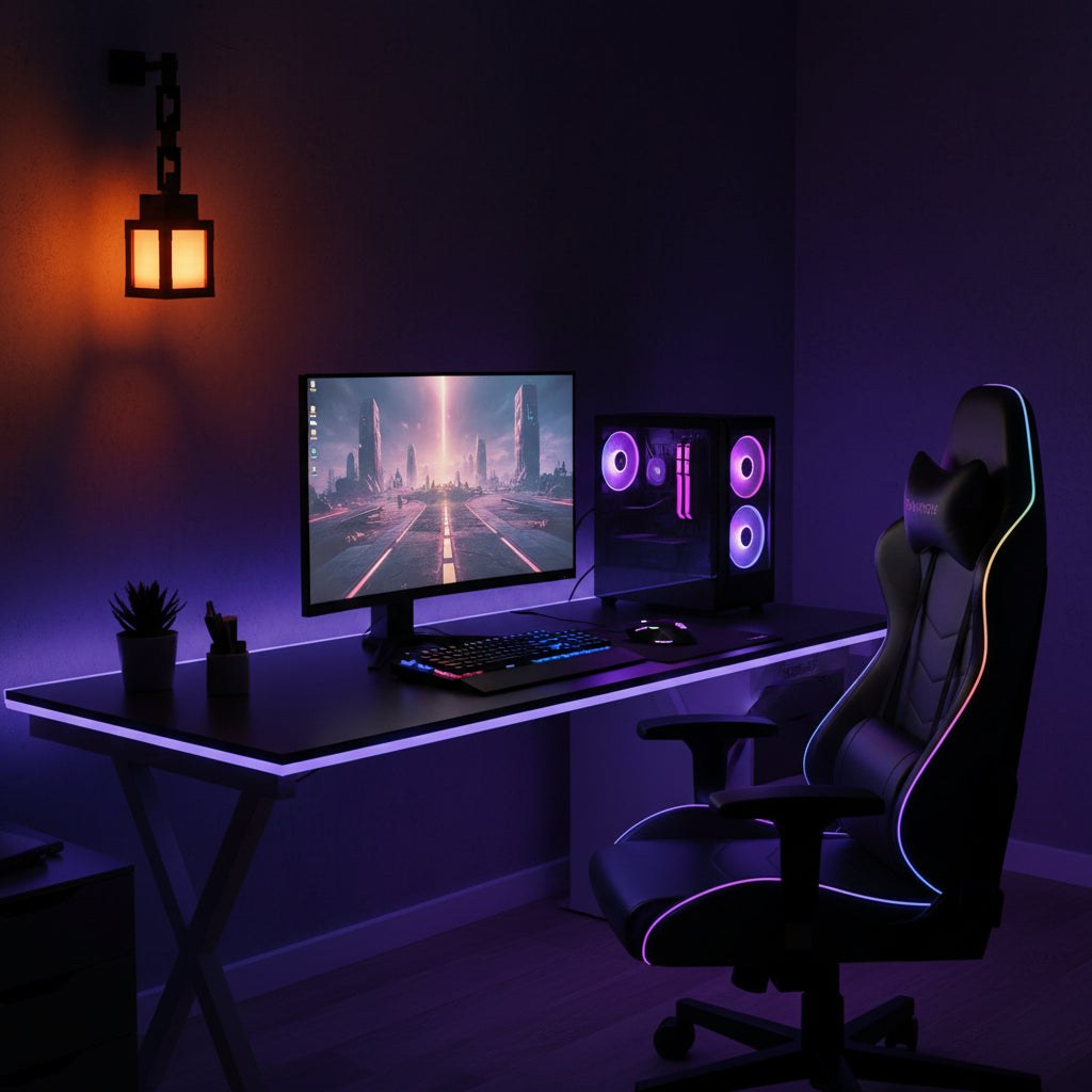 Lampe pixel fixée au mur éclairant un bureau gaming