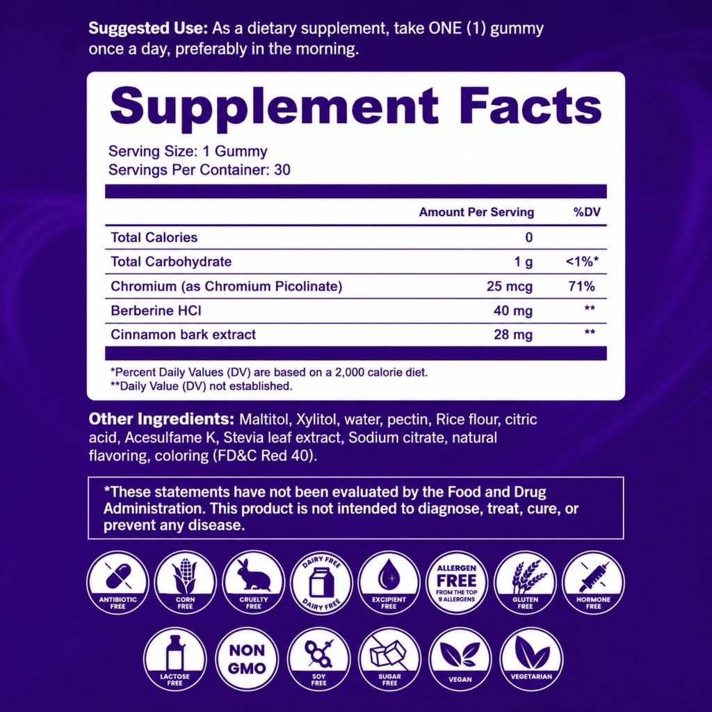 Étiquette d'ingrédients des gummies berbérine — 40 mg de berbérine HCl par gummy