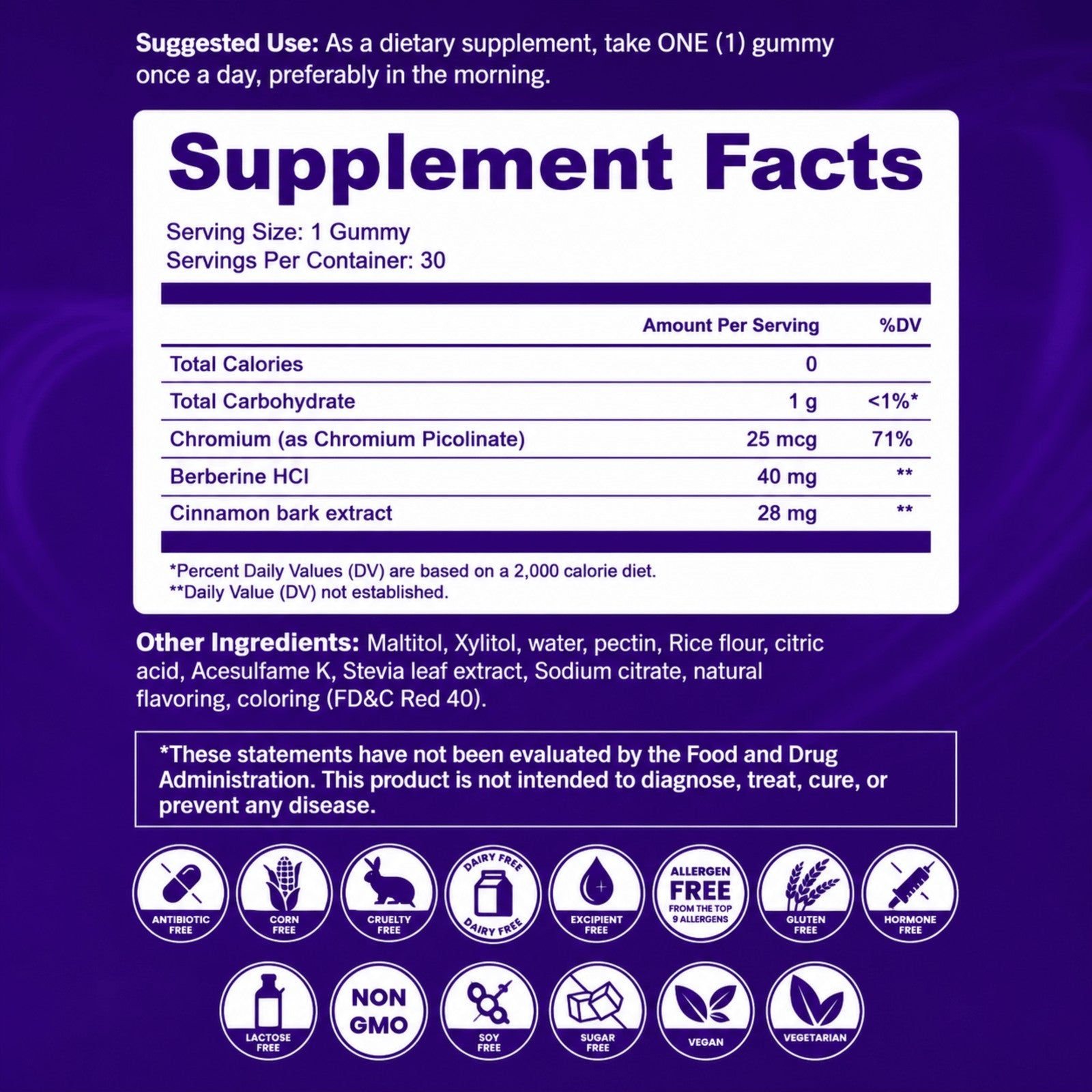 Étiquette d'ingrédients des gummies berbérine — 40 mg de berbérine HCl par gummy