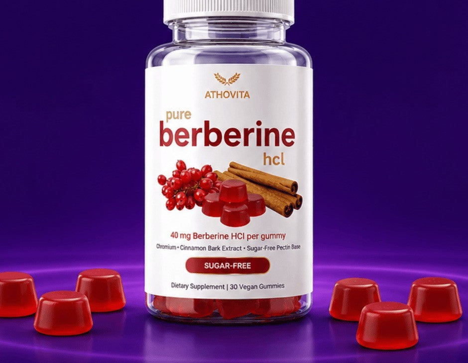 Gummies rouges à la berbérine disposés devant le flacon