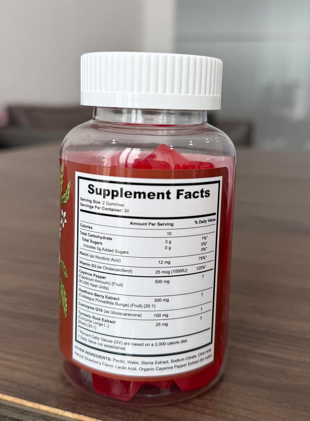 Étiquette d'ingrédients des gummies à la capsaïcine — 500 mg de piment de Cayenne par portion