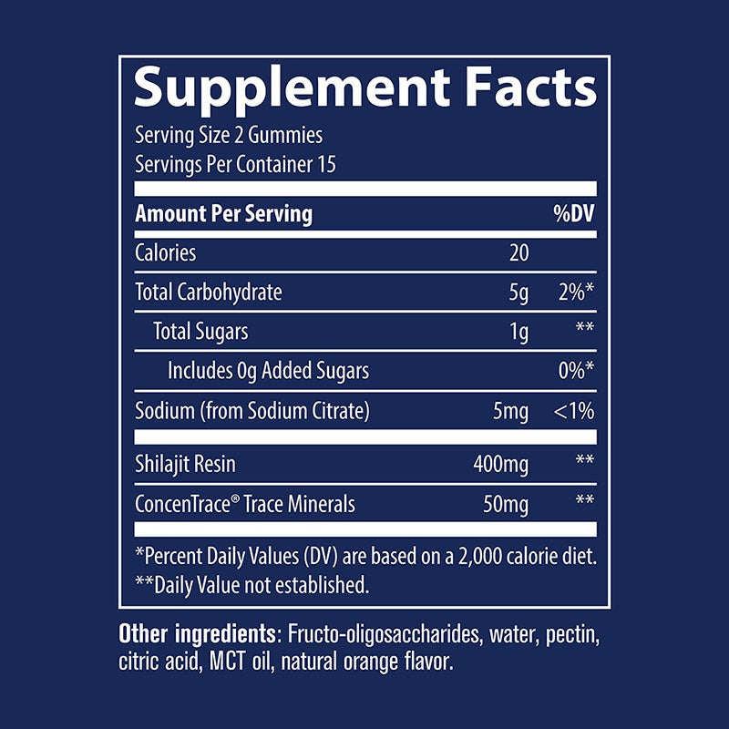 Étiquette d'ingrédients des gummies au shilajit — 400 mg de résine par portion