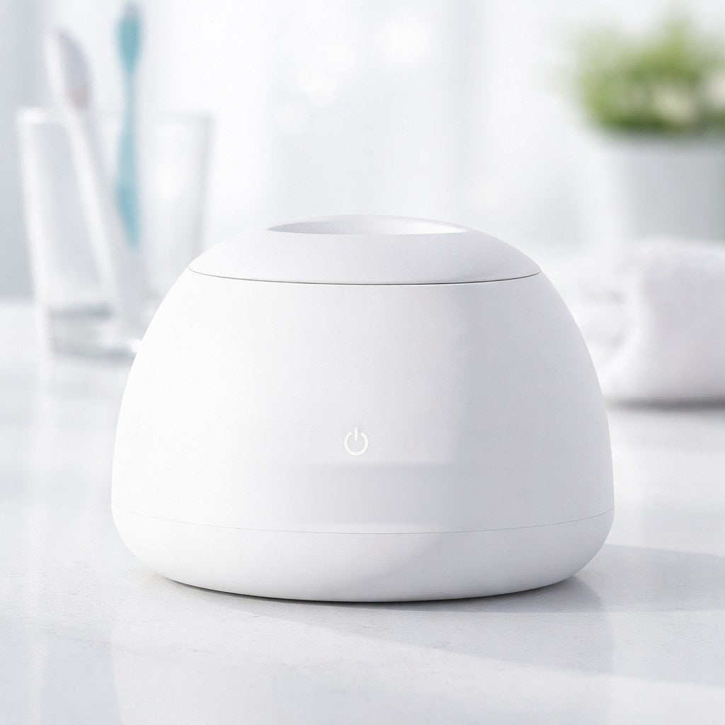 Nettoyeur dentaire à ultrasons FlashCut posé sur un plan de salle de bain, cuve fermée