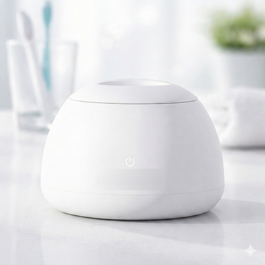 Nettoyeur dentaire à ultrasons compact pour gouttières et aligneurs dans une salle de bain
