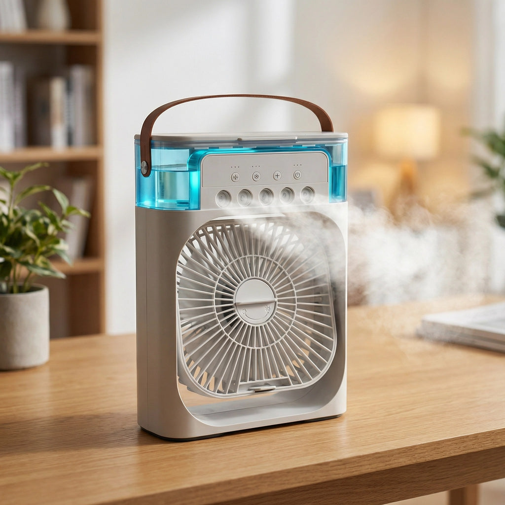 Rafraîchisseur d'air portable blanc avec brumisation fine sur un bureau en bois