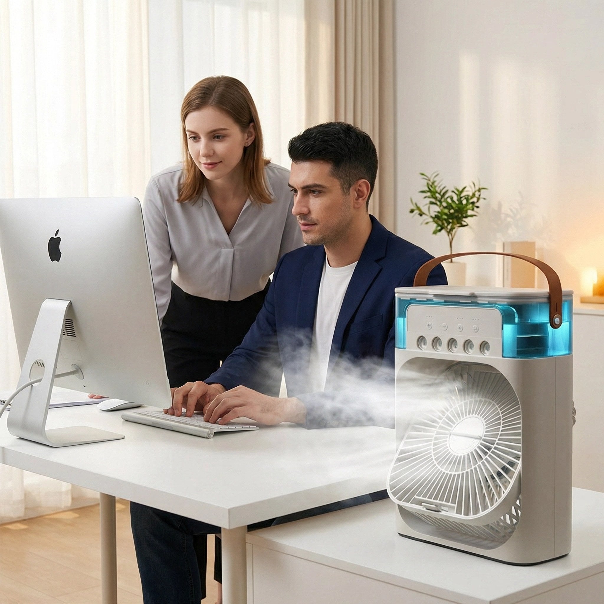Rafraîchisseur d'air portable blanc en fonctionnement sur un bureau