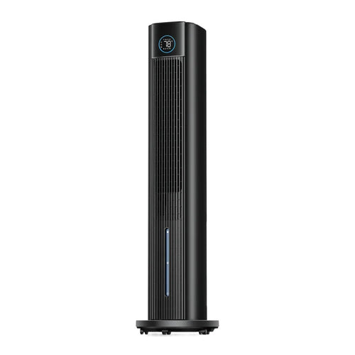 Rafraîchisseur d'air évaporatif format tour coloris noir sur roulettes