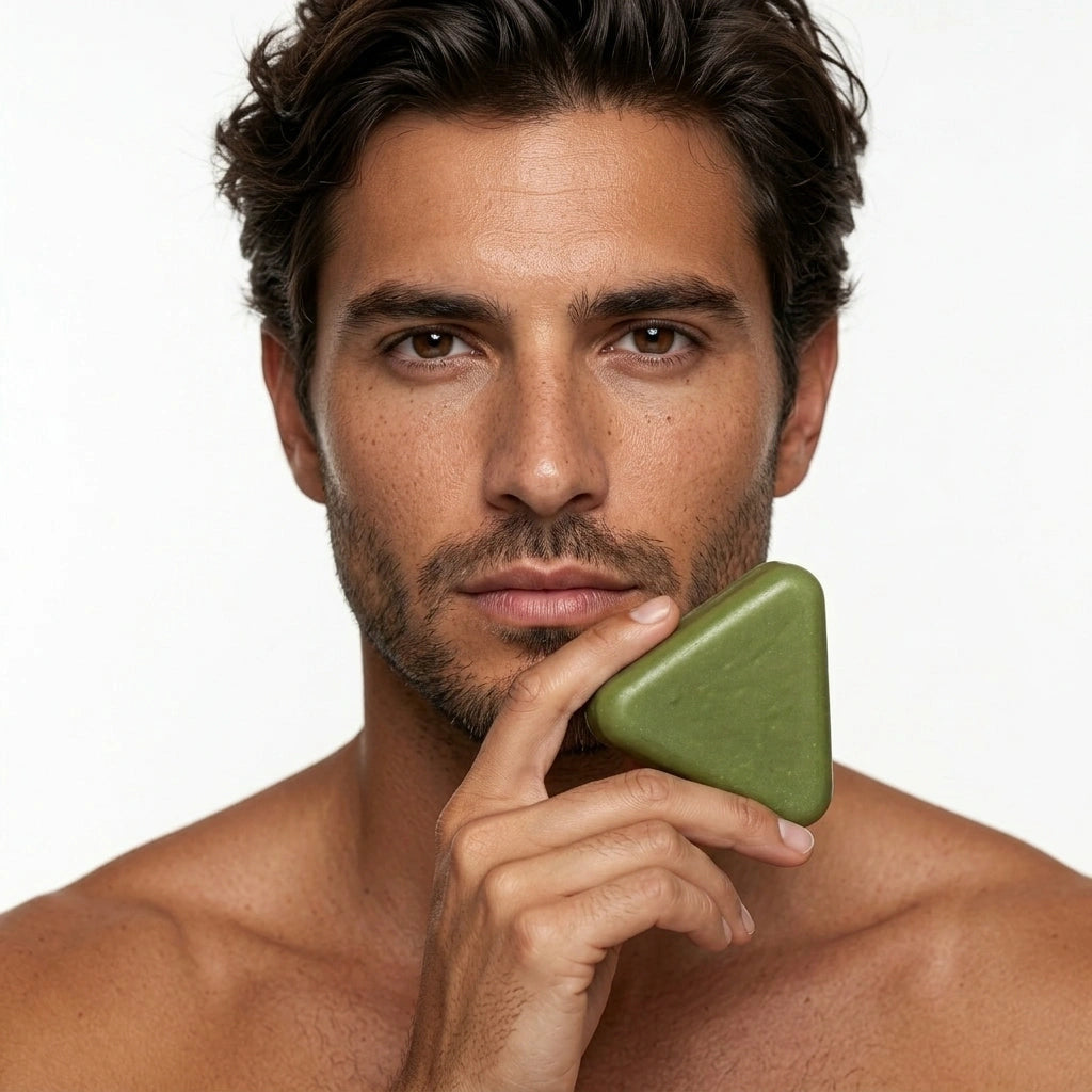 Homme tenant le shampoing solide coréen pour cuir chevelu