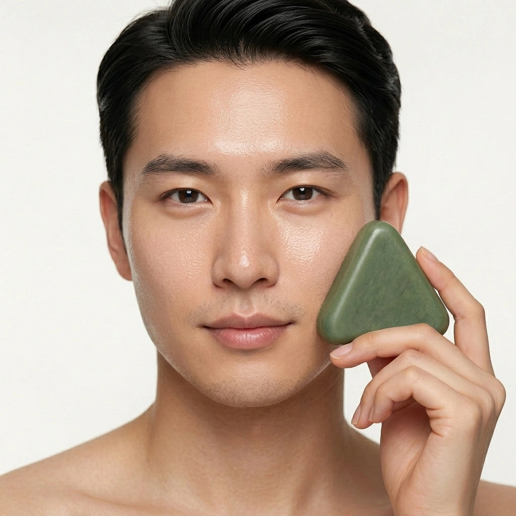 Shampoing solide coréen vert tenu près du visage d'un homme