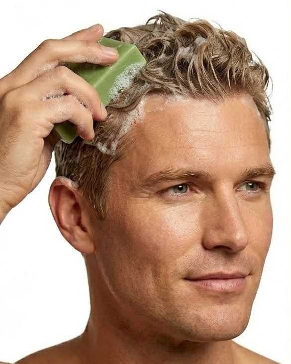 Application du shampoing solide sur cheveux mouillés avec mousse