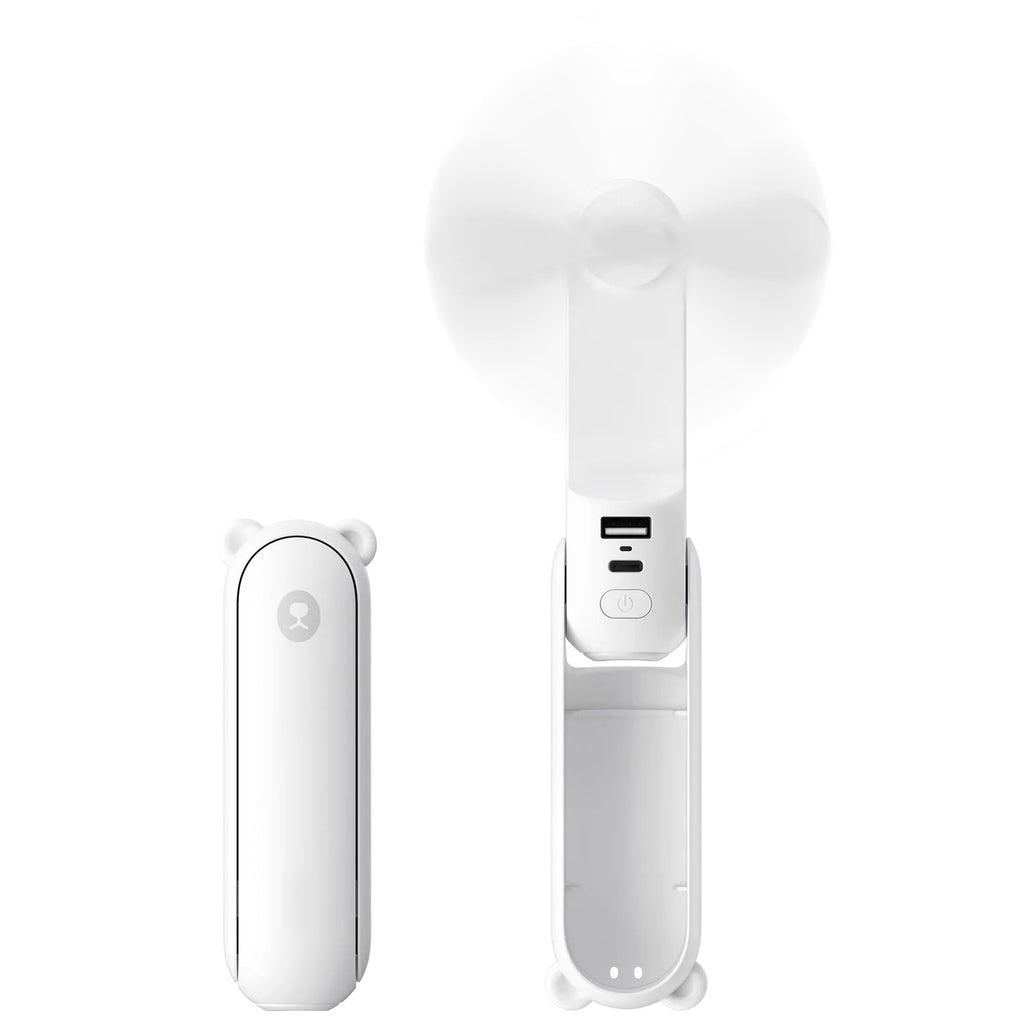 Ventilateur de poche pliable blanc, plié et déplié, avec ports USB visibles