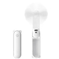 Ventilateur de poche pliable blanc, plié et déplié, avec ports USB visibles