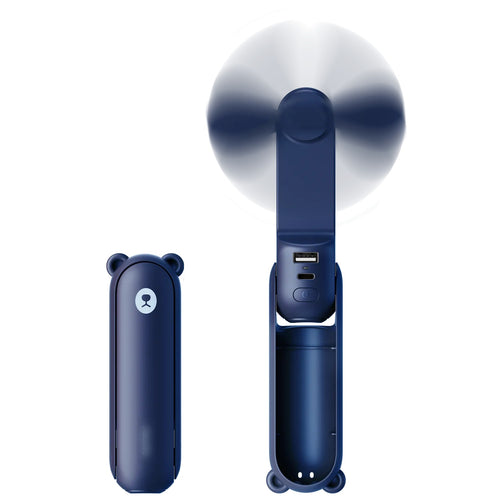 Ventilateur de poche pliable bleu marine, hélice en rotation et ports de charge