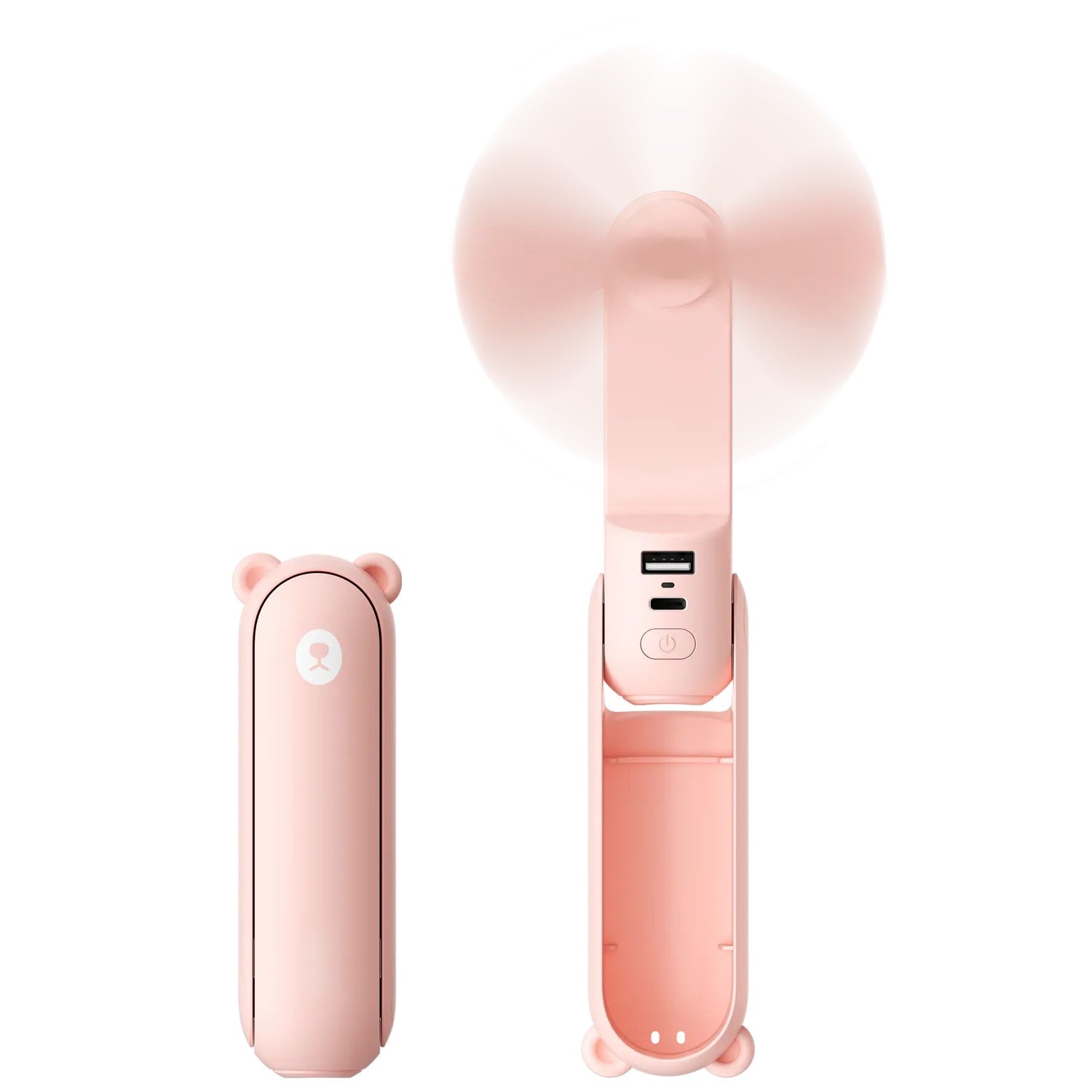 Ventilateur de poche pliable rose, format barre compacte et ventilateur ouvert